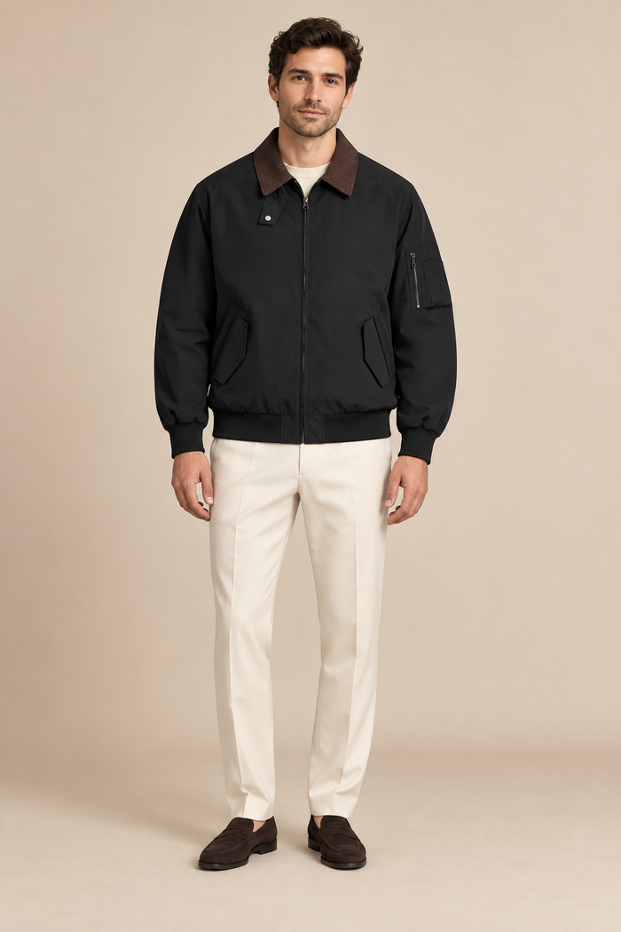 Men’s Zip-Up Harrington Jacket with Contrast Collar