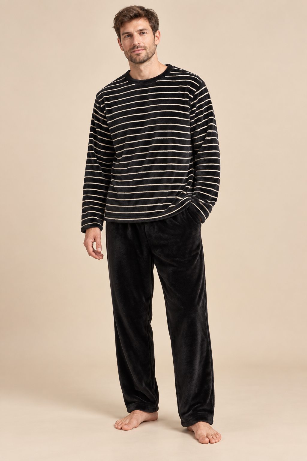 Men’s Striped Plush Pyjama Set with Long Sleeves and Trousers