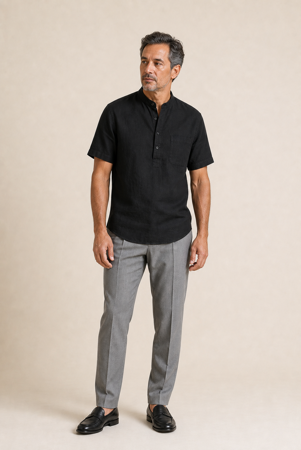 Men's Grandad Collar Shirt with Short Sleeves