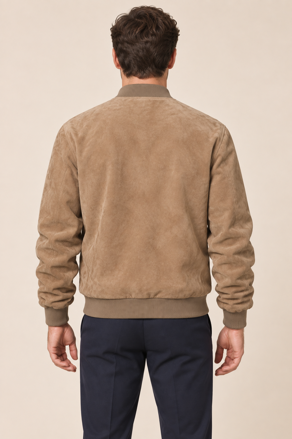 Men’s Suede-Finish Pigskin Leather Bomber Jacket with Ribbed Trims
