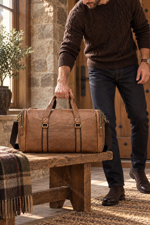 Men's Travel Duffle Bag with Shoulder Strap - Brown