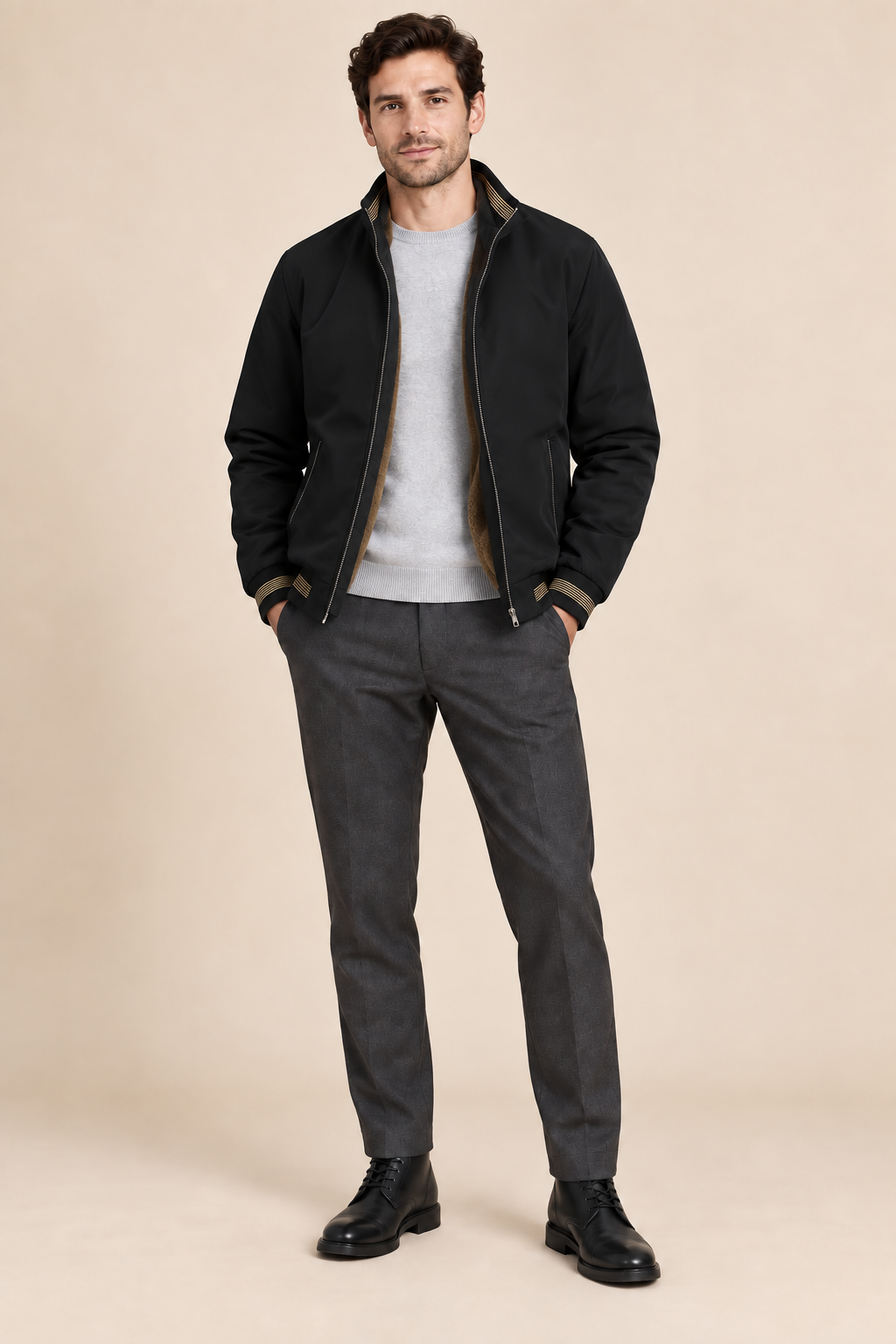 Men’s Fleece-Lined Zip-Up Bomber Jacket with Stand Collar