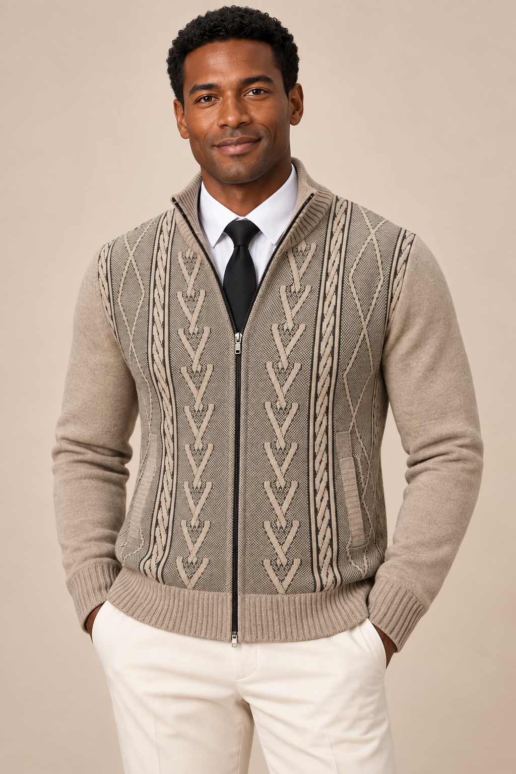 Men’s Cable Knit Zip-Up Cardigan with Stand Collar