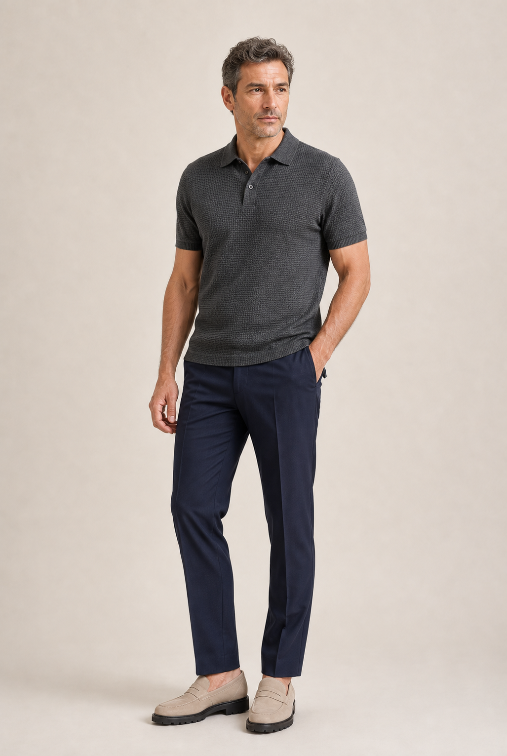 Men's Waffle Knit Polo Shirt with Short Sleeves