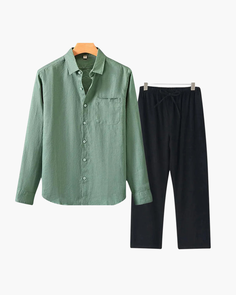 Men's Co-ord Set with Long Sleeve Shirt and Drawstring Trousers