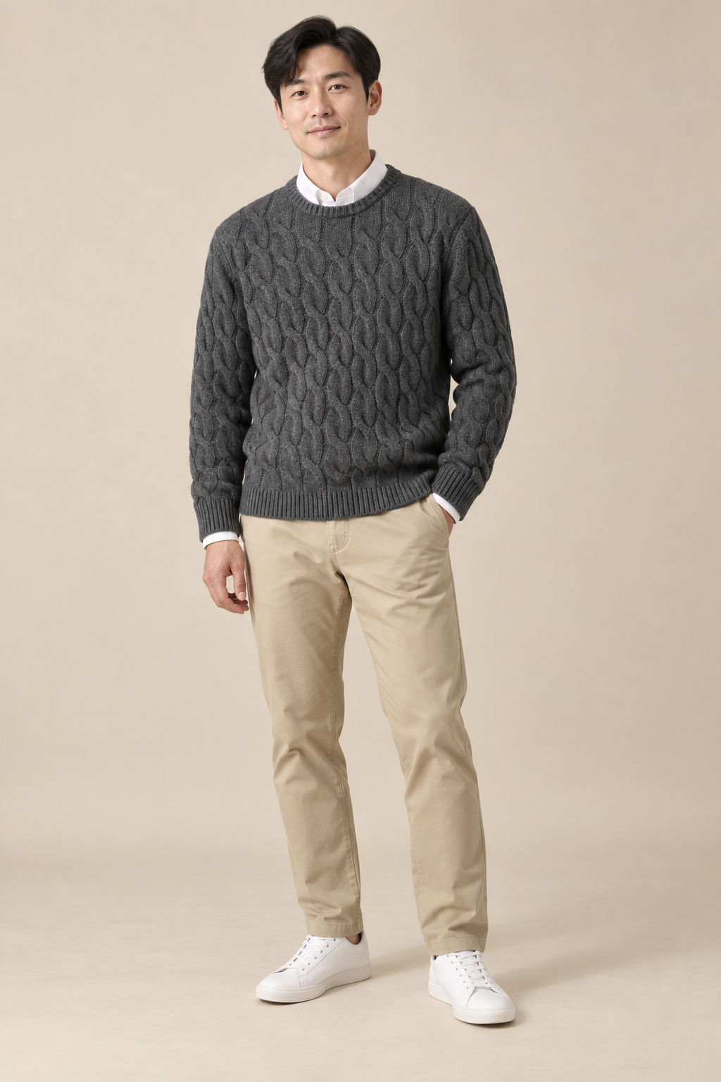 Men’s 100% Merino Wool Cable-Knit Crew-Neck Jumper