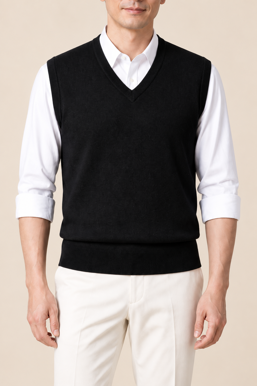 Men’s Plain Knit V-Neck Tank Top with Ribbed Trims