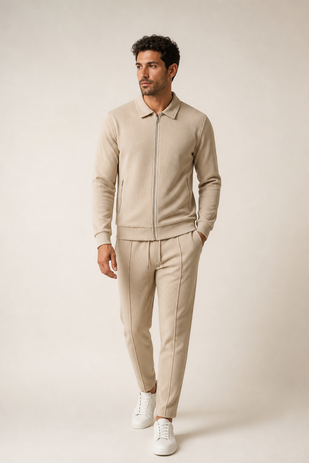 Men's Ribbed Tracksuit with Zip Up Jacket and Tapered Joggers