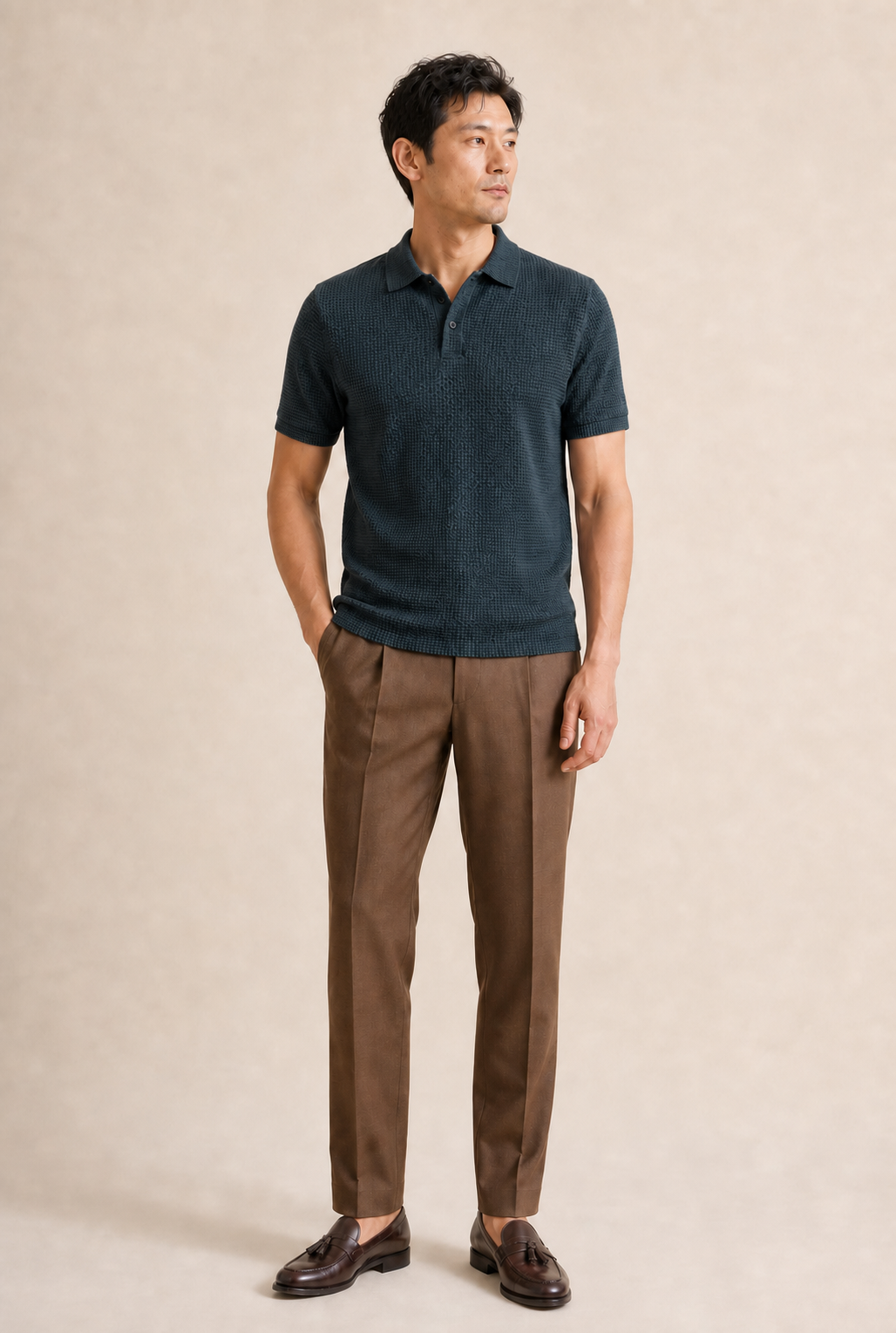 Men's Waffle Knit Polo Shirt with Short Sleeves