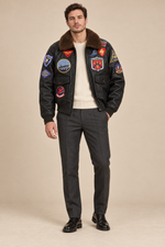 Men’s Aviator Bomber Jacket with Patches and Contrast Collar