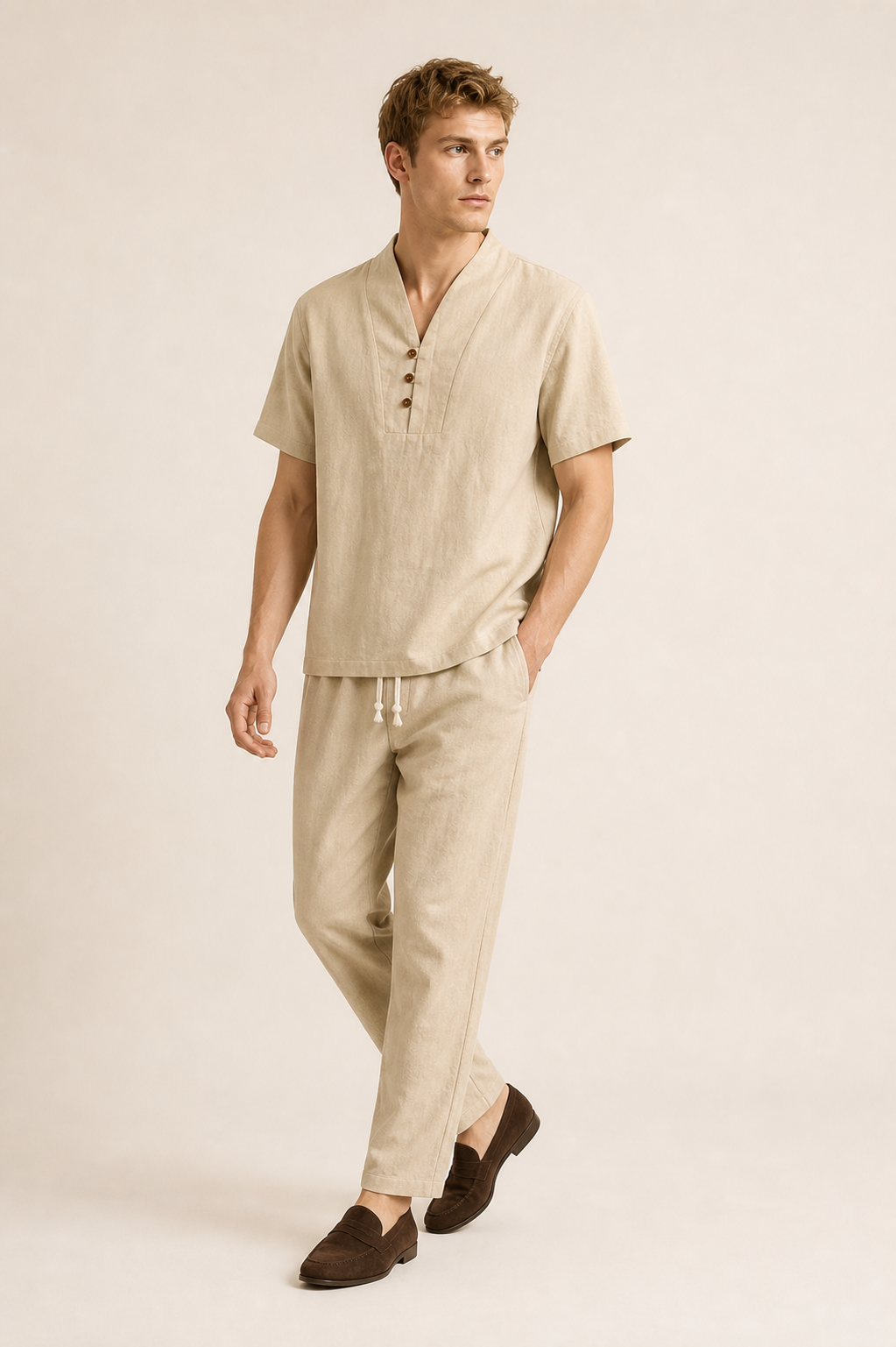 Men's Co-ord Set with Short Sleeve Shirt and Drawstring Trousers