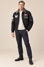 Men’s Padded Aviator Bomber Jacket with Patches and Contrast Collar