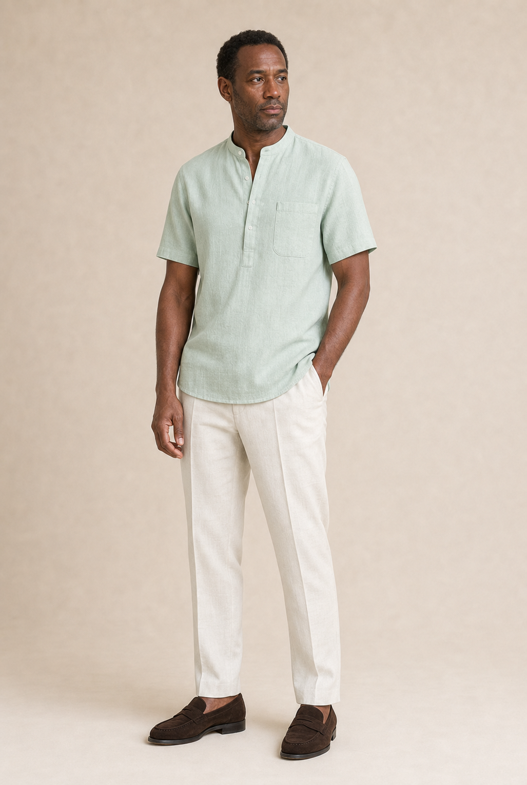 Men's Grandad Collar Shirt with Short Sleeves