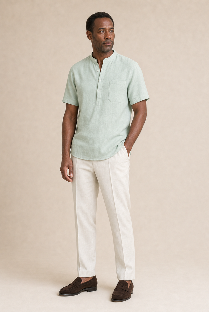 Men's Grandad Collar Shirt with Short Sleeves