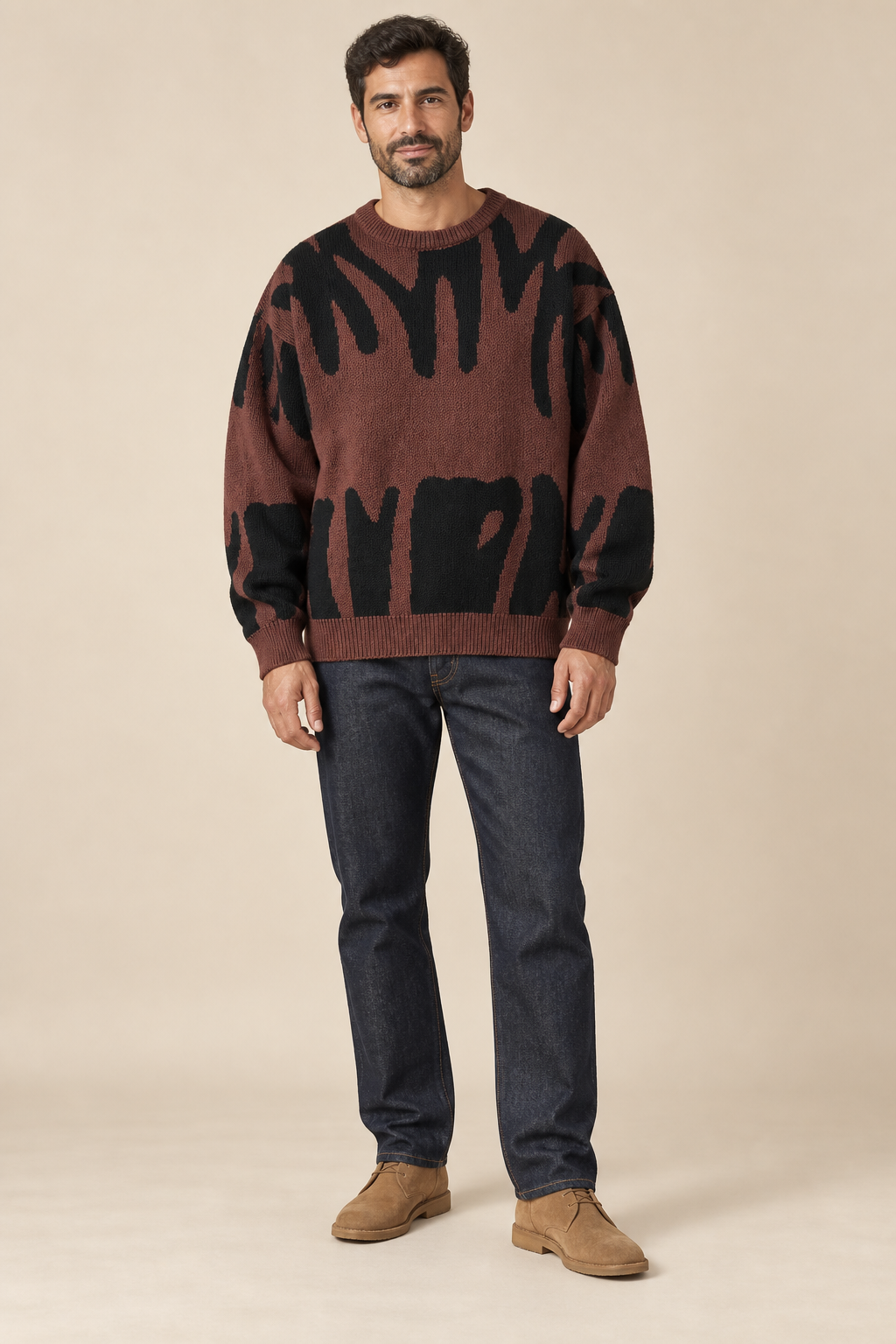 Men’s Abstract Pattern Knit Crew-Neck Jumper with Ribbed Trims
