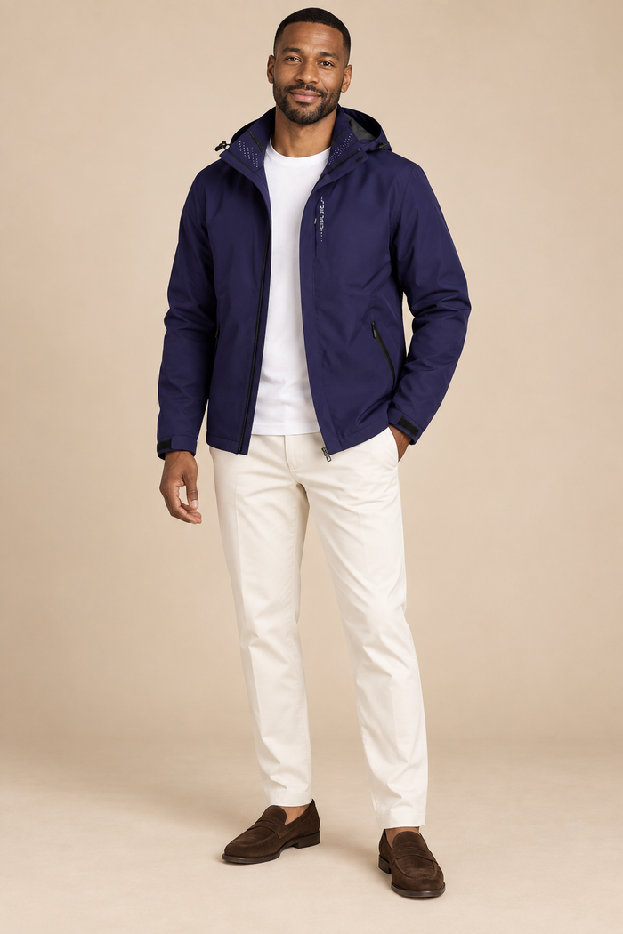 Men’s Hooded Zip-Up Rain Jacket with High Collar