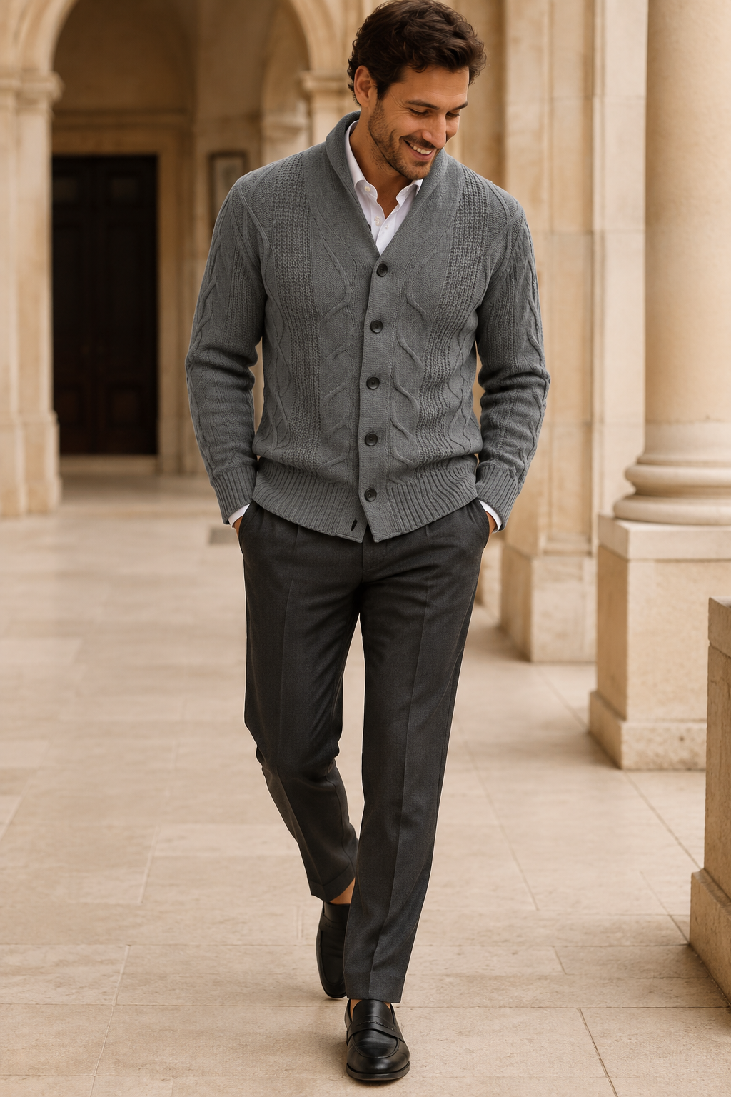 Men's Cable Knit Cardigan with Shawl Collar