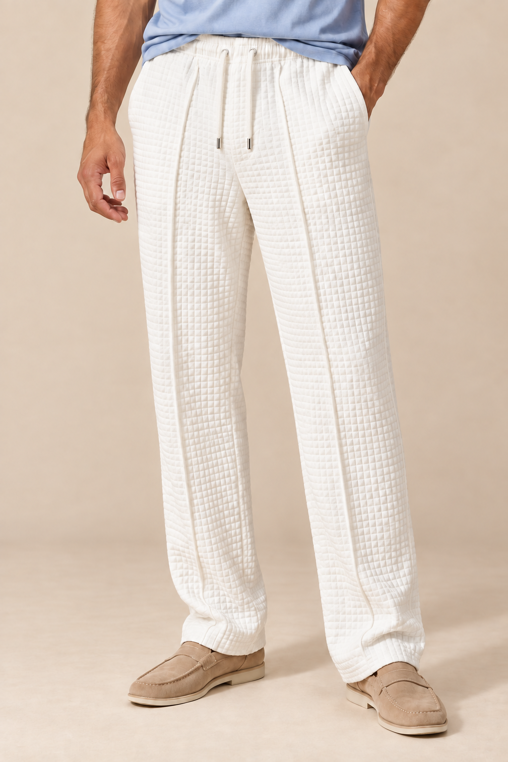 Men’s Waffle-Knit Wide-Leg Trousers with Drawstring Waist