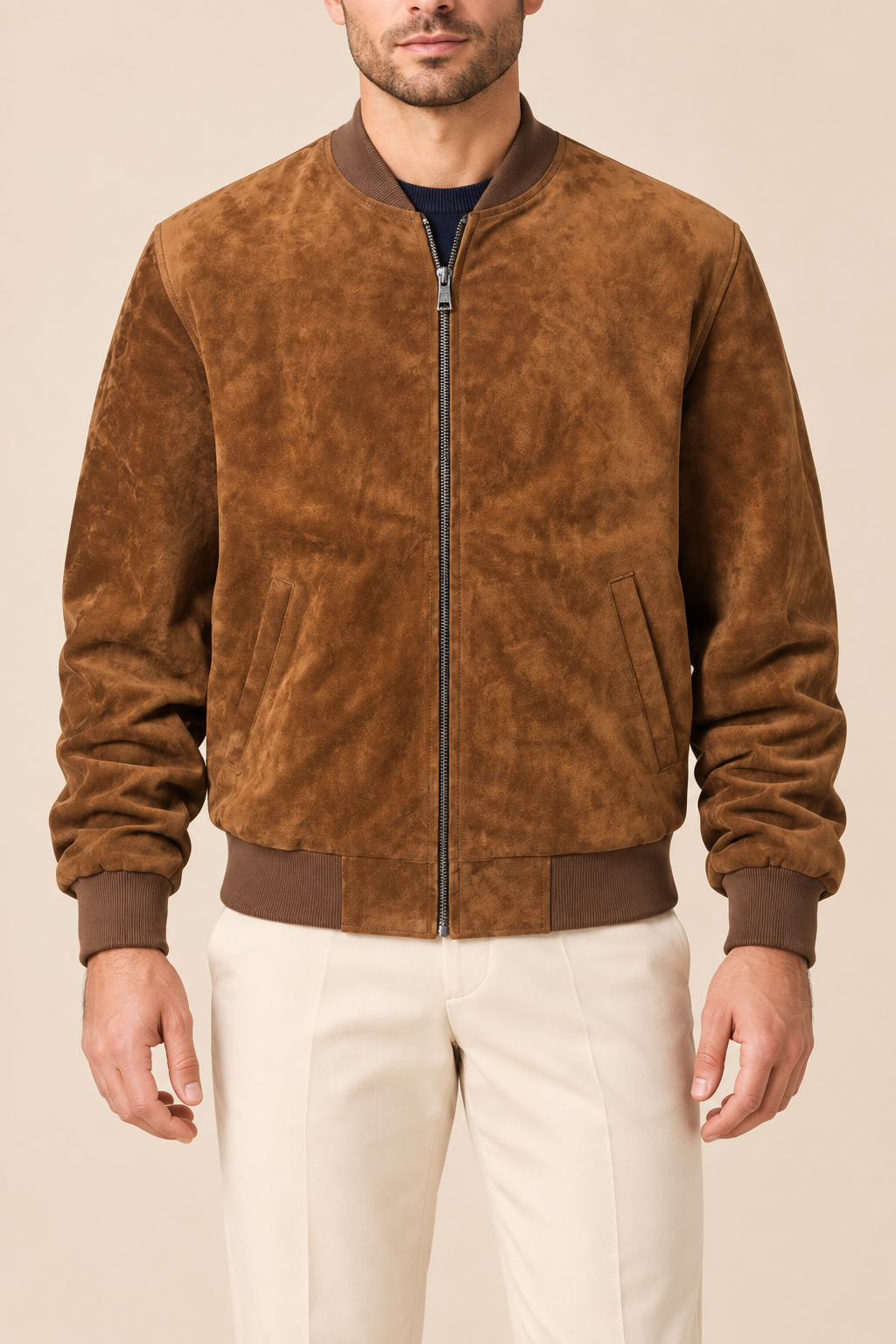 Men’s Suede-Finish Pigskin Leather Bomber Jacket with Ribbed Trims