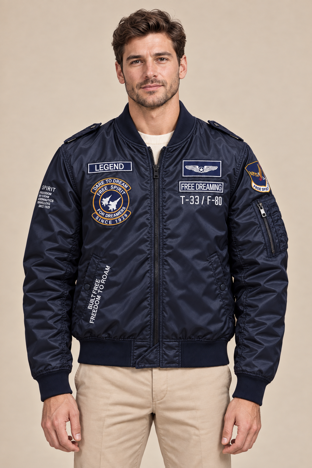 Men’s Padded MA-1 Zip-Up Bomber Jacket with Patches