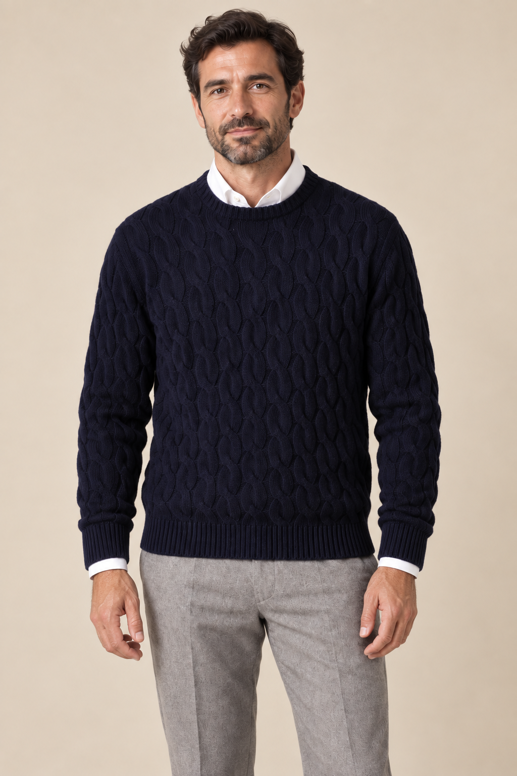 Men’s 100% Merino Wool Cable-Knit Crew-Neck Jumper