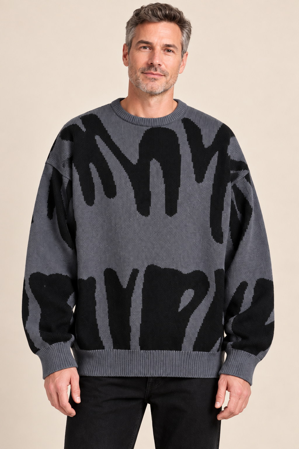 Men’s Abstract Pattern Knit Crew-Neck Jumper with Ribbed Trims