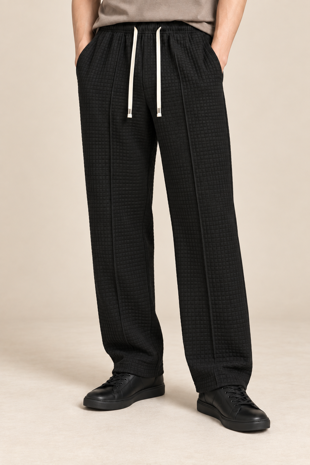 Men’s Waffle-Knit Wide-Leg Trousers with Drawstring Waist