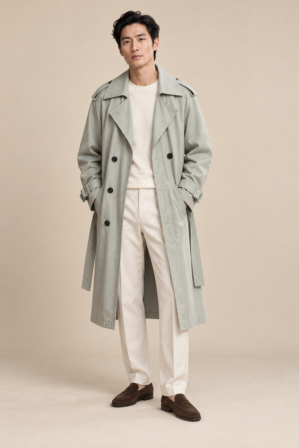 Men’s Double-Breasted Trench Coat with Waist Belt