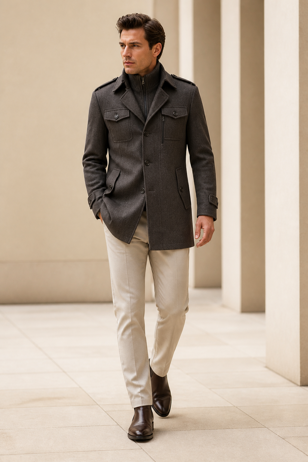 Men's Tailored Coat with Three Buttons and Inner Zip Panel