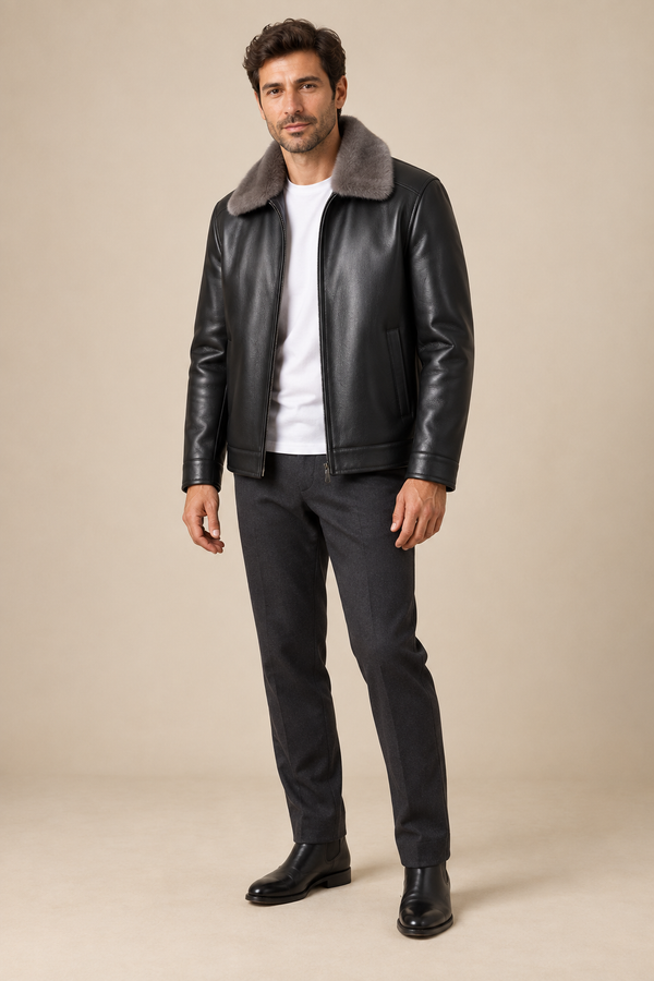 Men’s Genuine Sheepskin Leather Down Jacket with Mink Fur Collar
