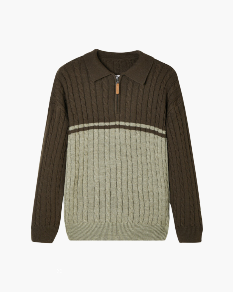 Men’s Cable Knit Quarter-Zip Jumper with Contrast Panel