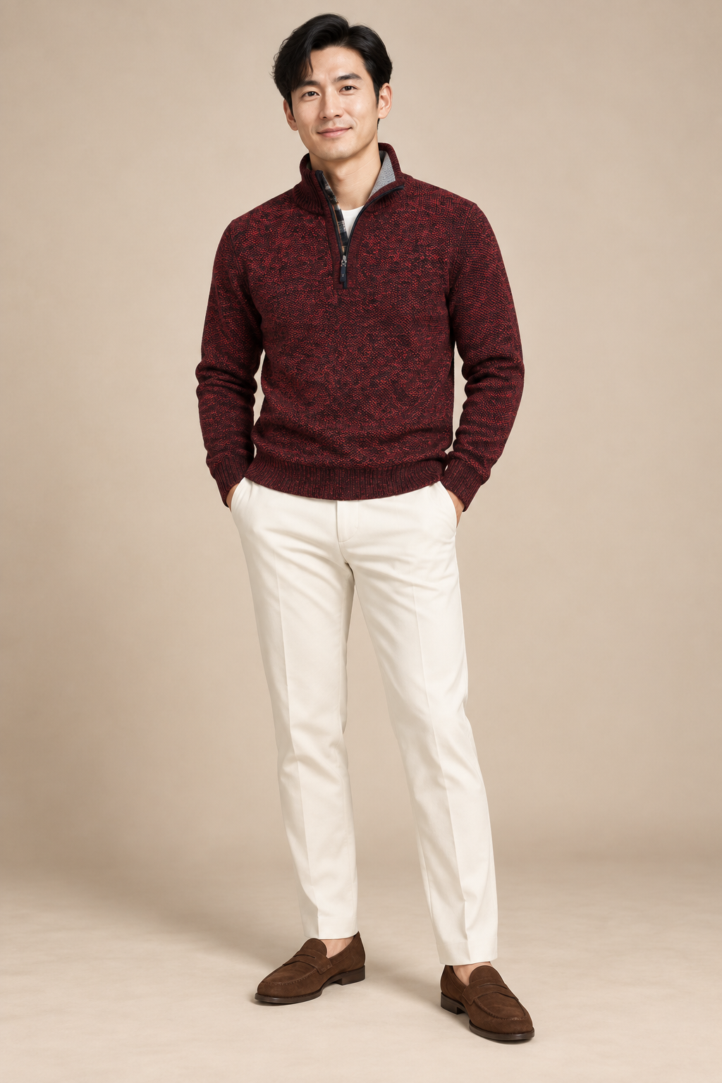 Men’s Textured Knit Half-Zip Jumper with High Collar