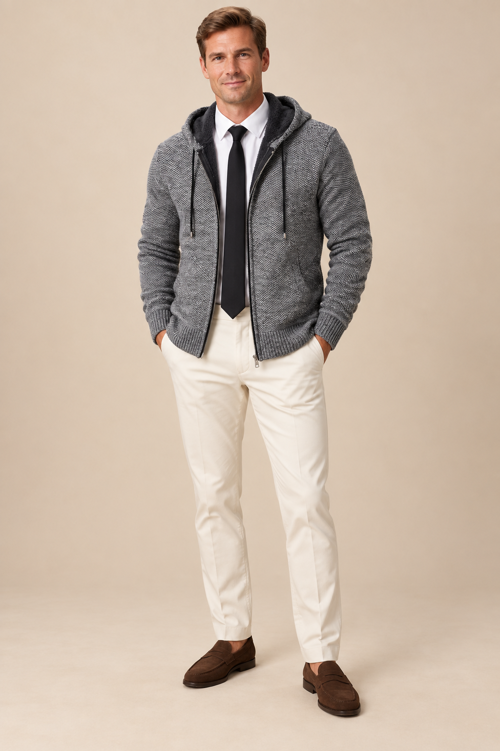 Men’s Hooded Knit Zip-Up Cardigan with Front Pockets