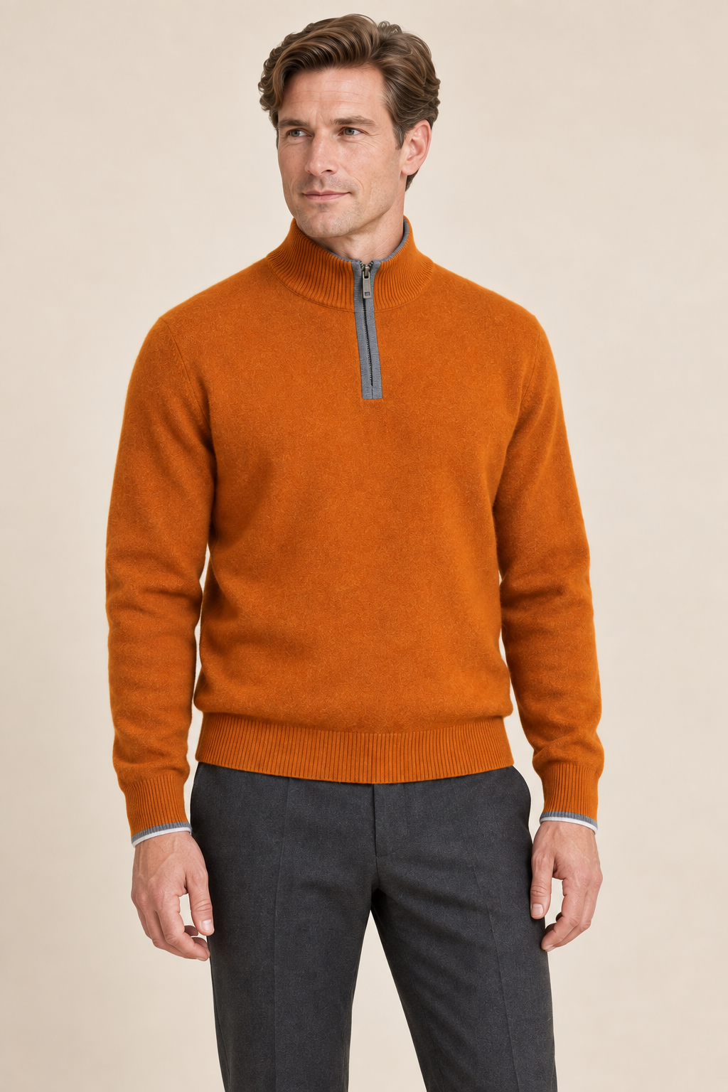 Men’s 100% Cashmere Half-Zip Jumper with Contrast Trim