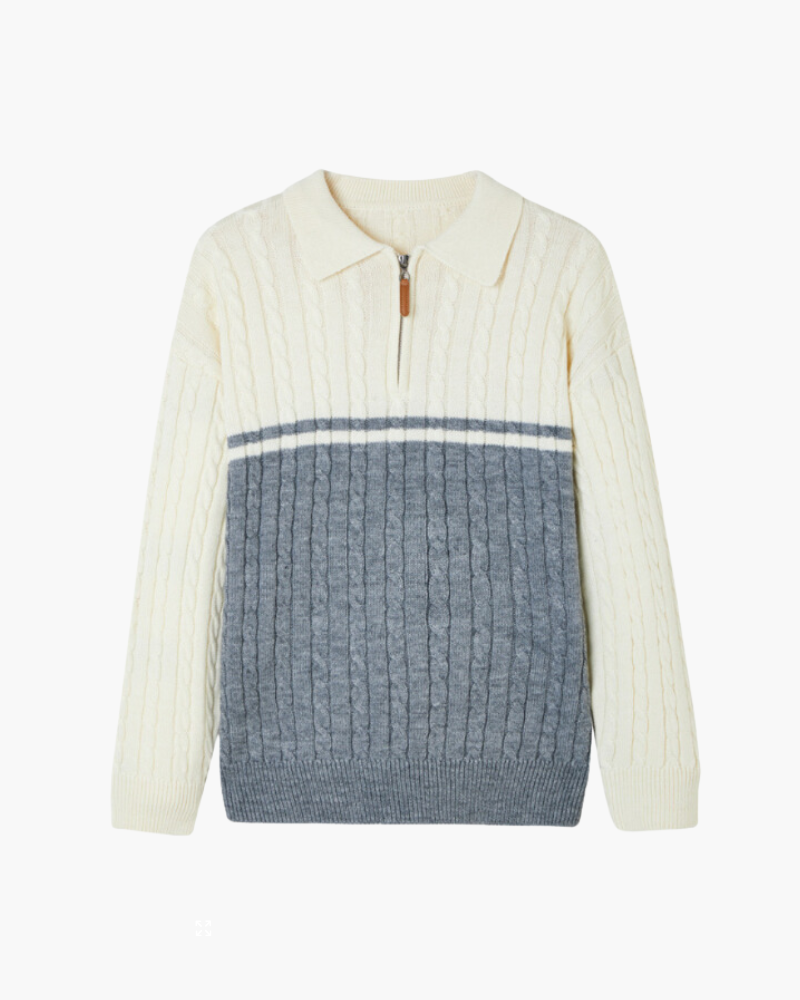 Men’s Cable Knit Quarter-Zip Jumper with Contrast Panel