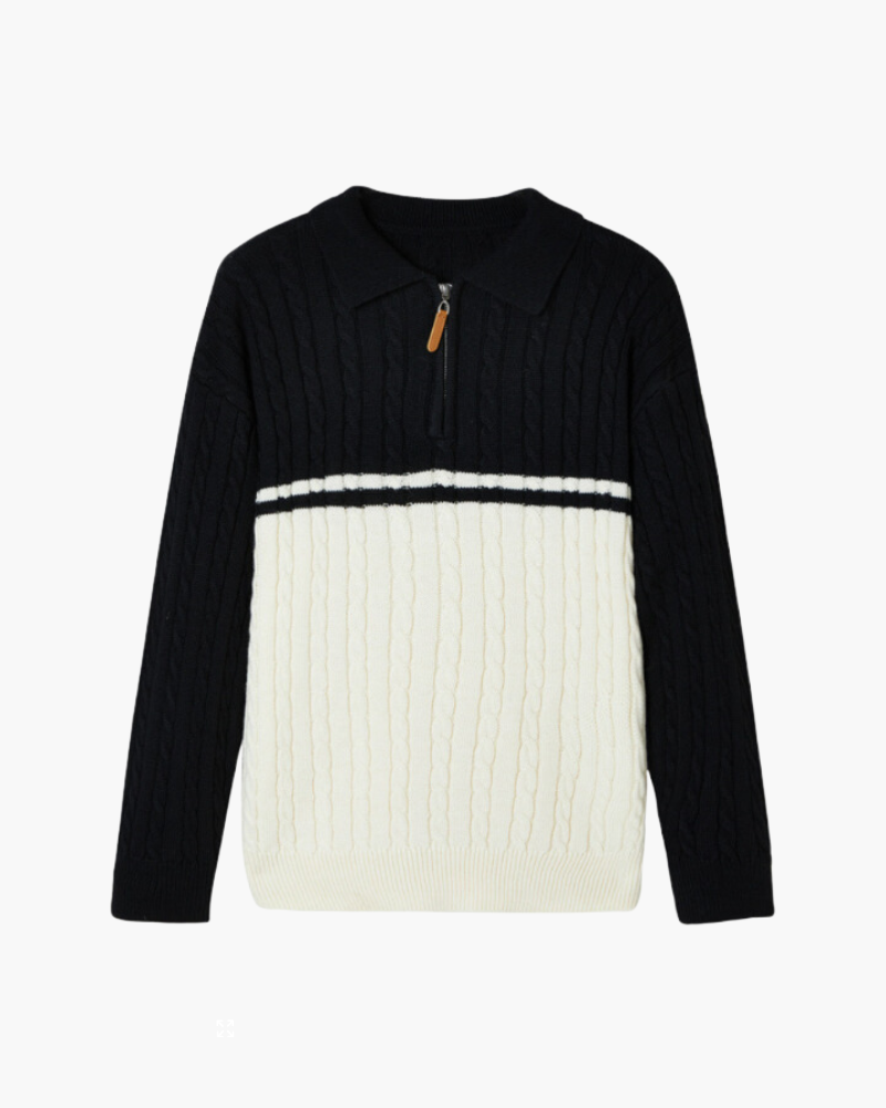 Men’s Cable Knit Quarter-Zip Jumper with Contrast Panel