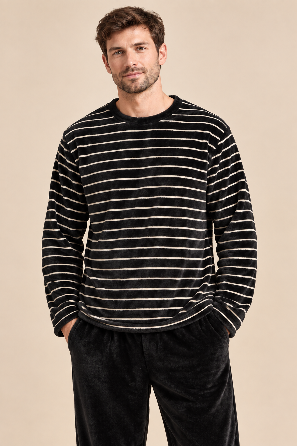 Men’s Striped Plush Pyjama Set with Long Sleeves and Trousers