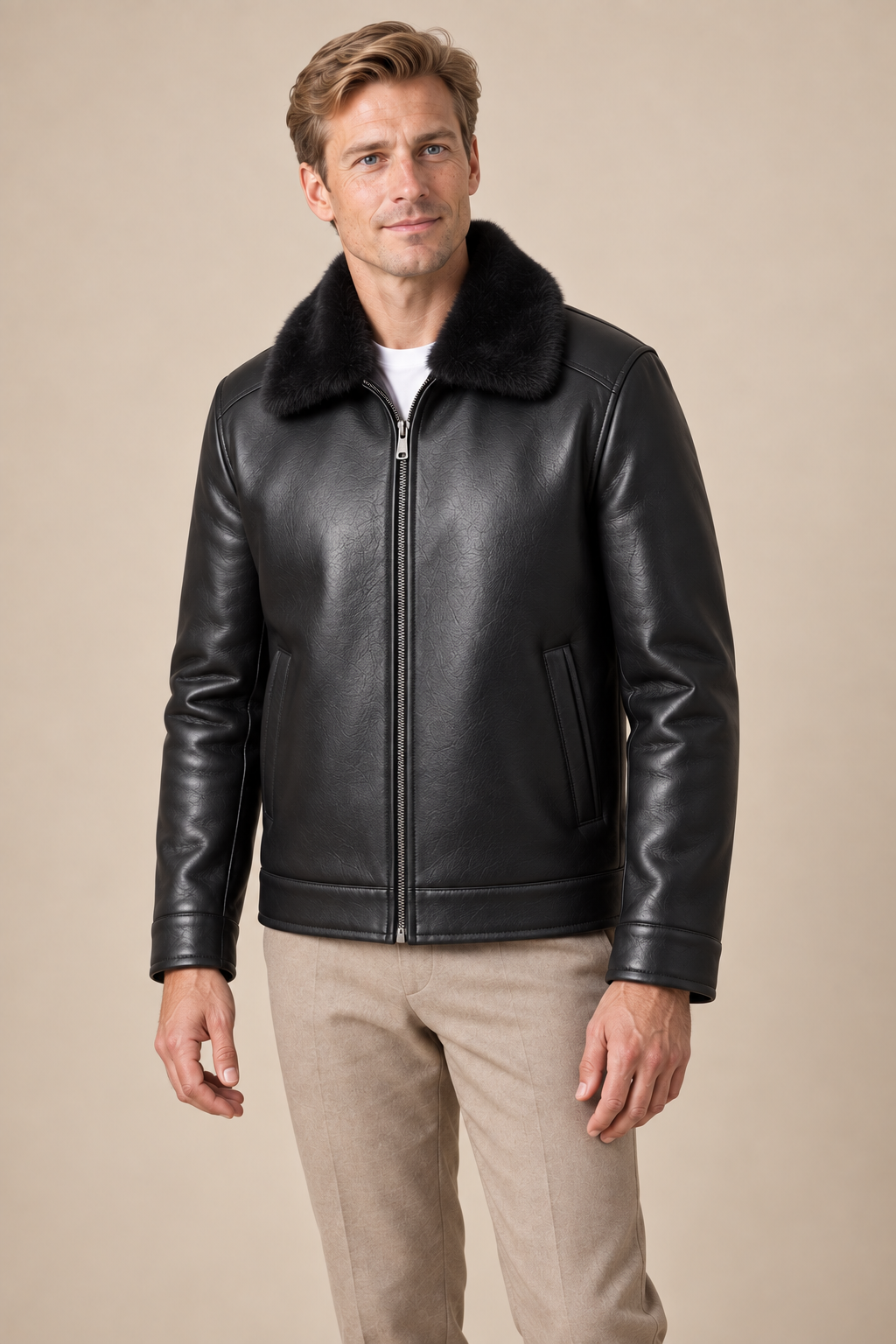 Men’s Genuine Sheepskin Leather Down Jacket with Mink Fur Collar