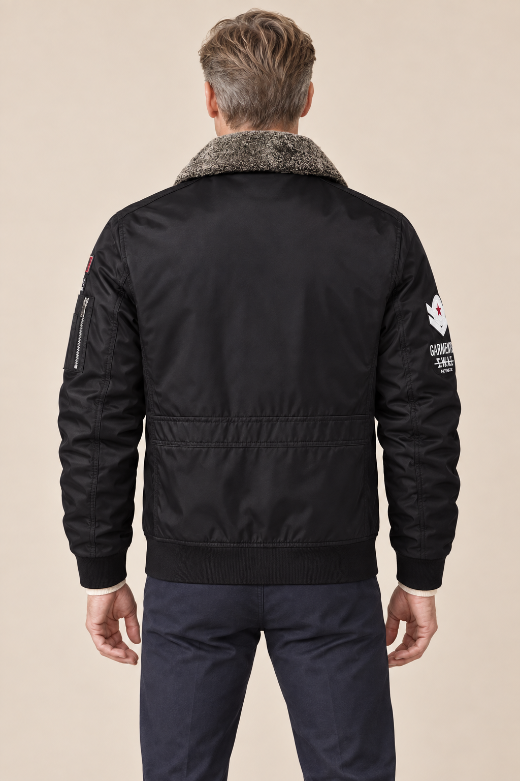 Men’s Padded Aviator Bomber Jacket with Patches and Contrast Collar