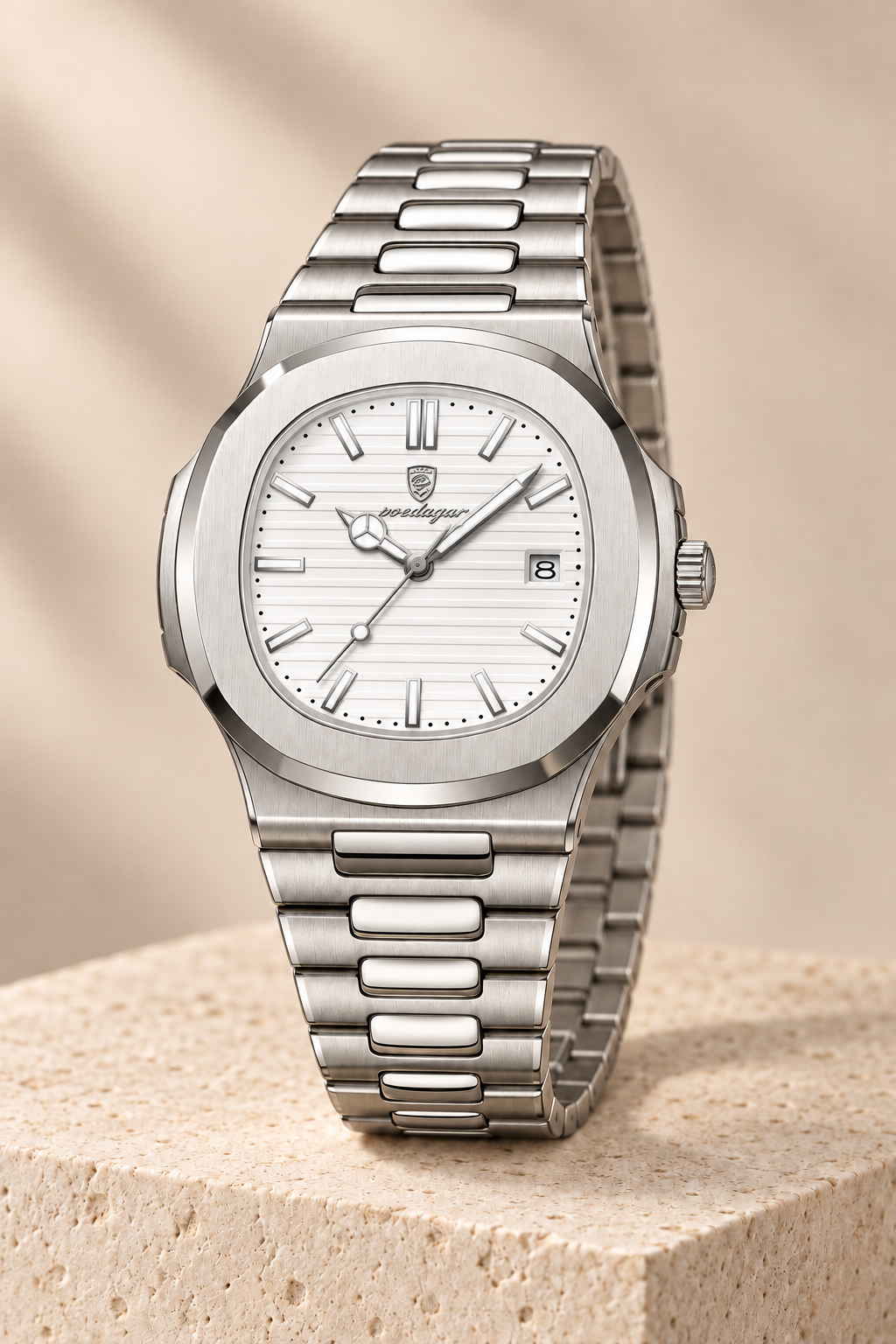 Men’s Stainless Steel Quartz Watch with White Textured Dial