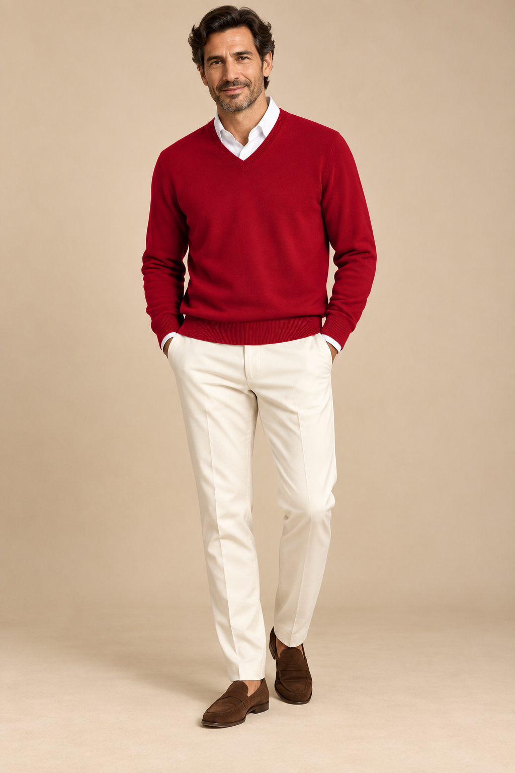 Men’s Fine Knit V-Neck Jumper with Long Sleeves