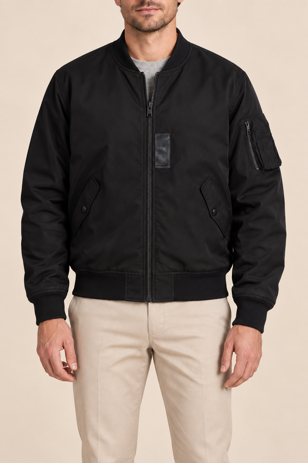 Men’s Cotton MA-1 Zip-Up Bomber Jacket with Sleeve Pocket