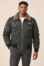 Men’s Padded Aviator Bomber Jacket with Patches and Contrast Collar
