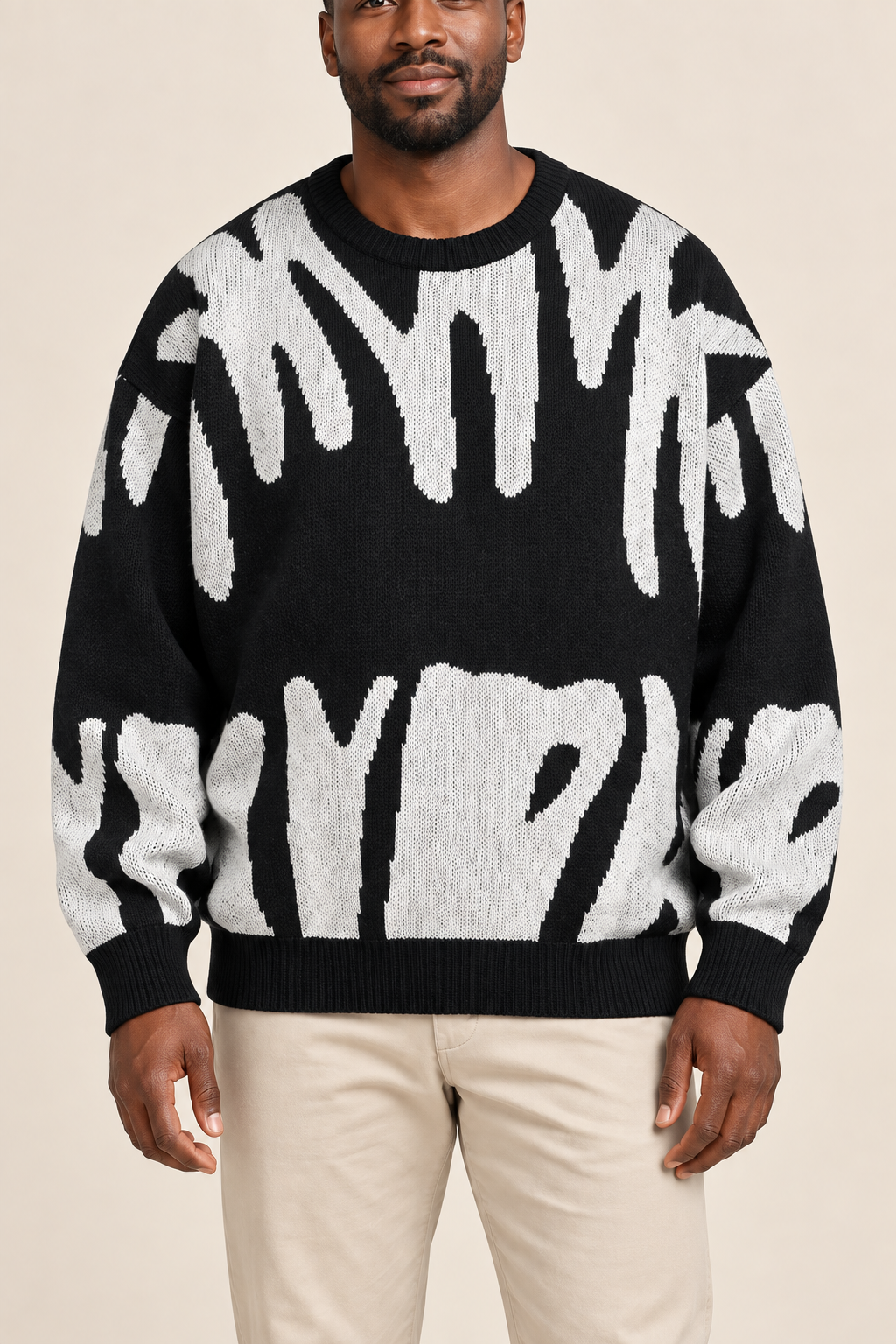 Men’s Abstract Pattern Knit Crew-Neck Jumper with Ribbed Trims