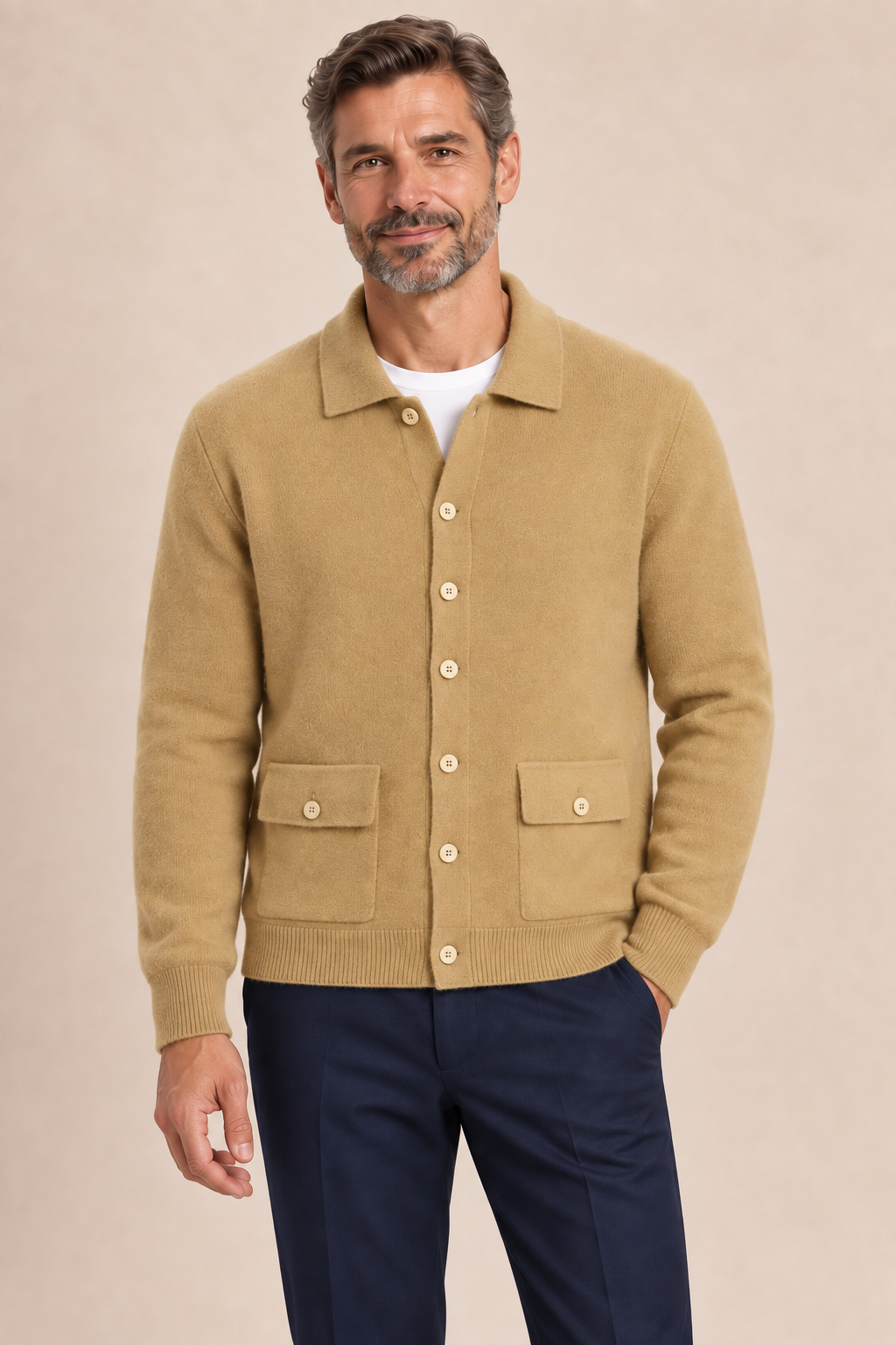 Men’s 100% Cashmere Knitted Cardigan with Turn-Down Collar