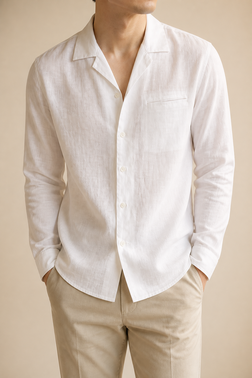 Men's Long Sleeve Shirt with Open Collar in Relaxed Fit