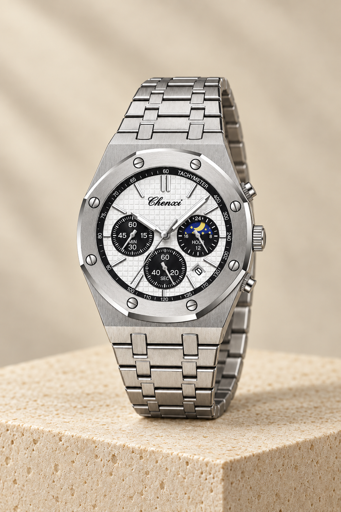 Men’s Stainless Steel Chronograph Watch with Integrated Bracelet