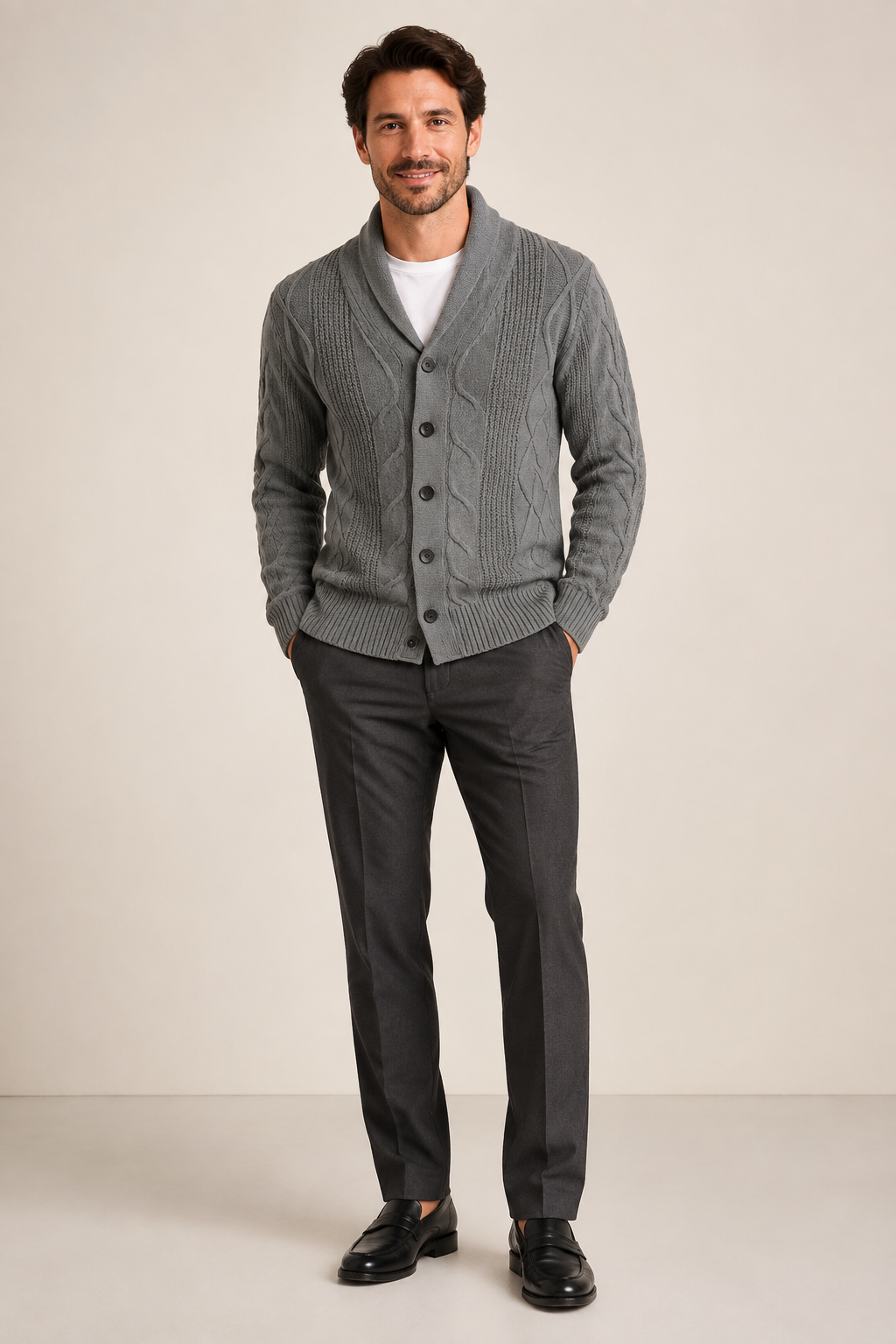 Men's Cable Knit Cardigan with Shawl Collar