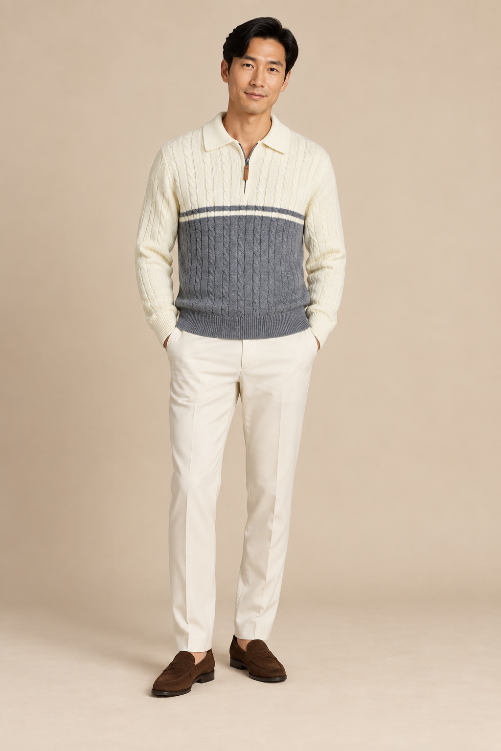 Men’s Cable Knit Quarter-Zip Jumper with Contrast Panel