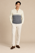 Men’s Cable Knit Quarter-Zip Jumper with Contrast Panel